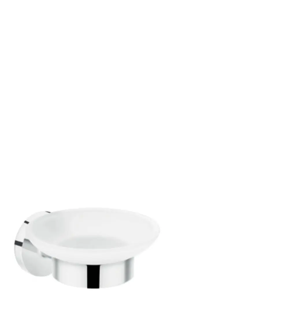 Hansgrohe Seifenschale in Chrom mit runder, flacher Ablagefläche, montiert auf einem wandstehenden Halter.